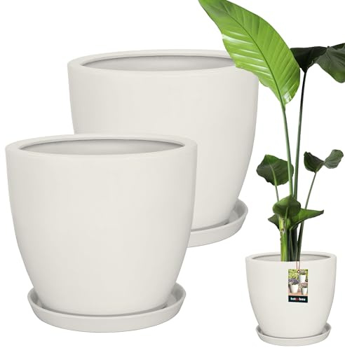 KOTARBAU® Juego de 2 macetas con plato, color blanco, 38 cm, altura: 33 cm, cerámica esmaltada, maceta grande para cactus, maceta con platillo