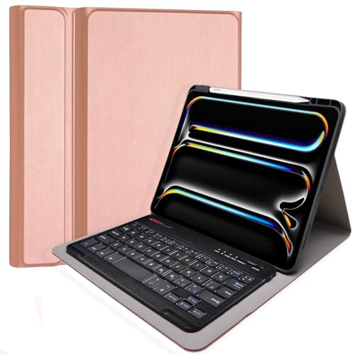 TECHGEAR Strike Folio-Tastaturhülle für Apple iPad Pro 13 Zoll (M4) 2024 [Strike Folio] Schutzhülle aus PU-Leder mit abnehmbarer Bluetooth-kabelloser UK-QWERTY-Tastatur und Ständer (Roségold)