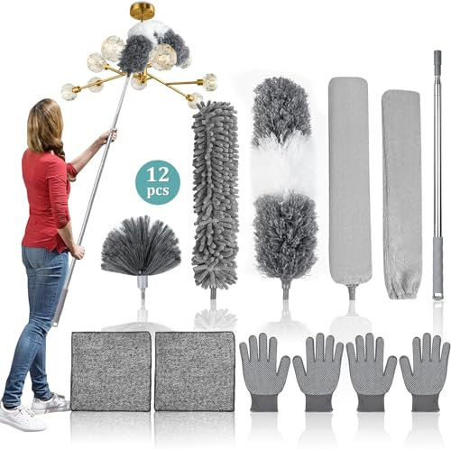 12 Piezas Plumero telescópico Lavable para techos con Barra telescópica de Microfibra, Plumero Plegable, Extensible hasta 245 cm, para Ventilador de Techo Alto, telarañas y Polvo