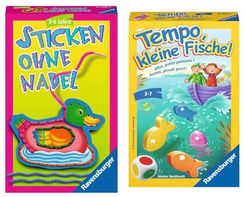 Ravensburger 23099 - Stricken ohne Nadel, Mitbringspiel für 1-4 Spieler & 23334 - Tempo, kleine Fische, Mitbringspiel für 1-6 Spieler, Kinderspiel ab 3 Jahren, kompaktes Format, Reisespiel, Brettspiel