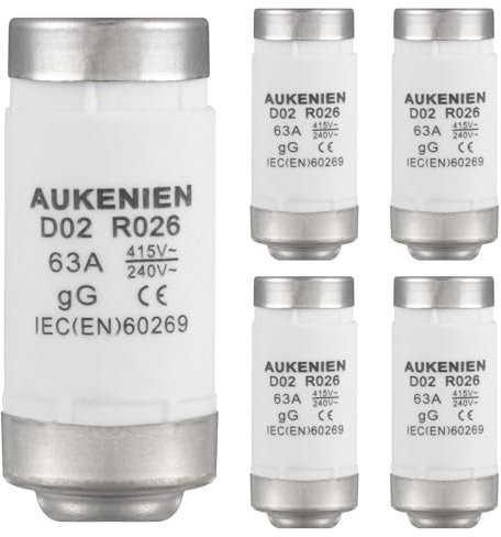 AUKENIEN D02 E18 R026 Fusibles Cerámicos en Espiral Fusible 63A 400VAC Neozed Fuse 50KA gG para Cables y Protección de Líneas (5 Piezas)