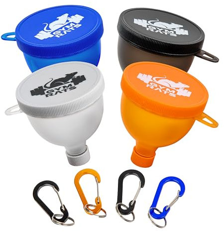 GYM RATS Travel Protein Powder Funnel to Go with Carabiners & Reinforced Caps - 4 Pack (Water Bottle Approved)