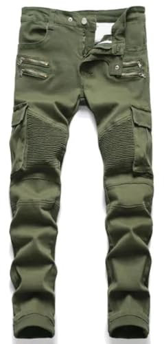 FULUJIDI Jeans Pantalon Mode Herren Jeans Punk Style Männer Cargo Denim Hosen Reiß Verschluss Taschen Jeans Herren 34 007 Grün