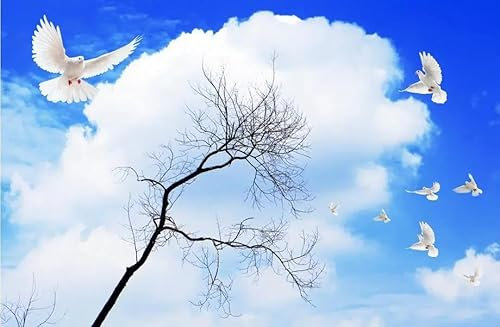 JCSMKFQ Faux plafond en PVC autocollant papier peint salon 3d bleu ciel colombes branches fond chambre autocollant plafond mural