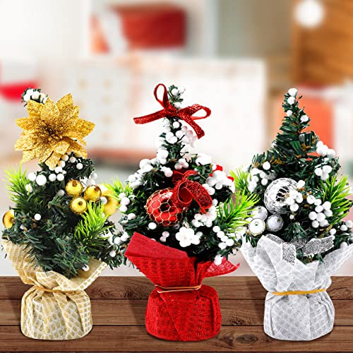 ZPQAODI 3 Stück Mini Weihnachtsbaum Deko Tannenbaum,Künstlicher Geschmückter Weihnachtsbaum beleuchtet,Tannenbaum für Tisch mit Weihnachtskugeln für die Weihnachts/Adventszeit (Rot Gold Silber)