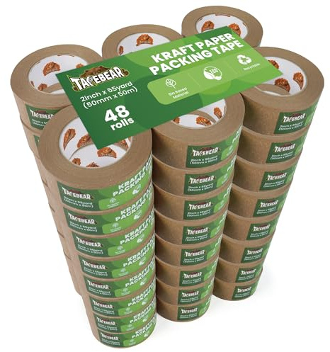 TAPEBEAR Umweltgerechtes Kraftpapier Klebeband 50m x 50mm | 48Rollen Biobasiertes Material Braun Paketband Abbaubar Papier Klebeband Verpackungsband zum Verschließen von Verpackungen