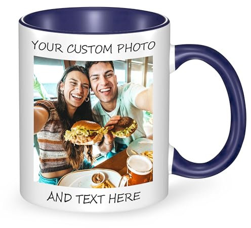 Personalized Coffee Mug | Custom Photo Text or Logo Ceramic Mug | Tazas Personalizadas Novelty Customized Gifts for Men and Women | Customizable 11 Oz Tea Cup | Navy Blue