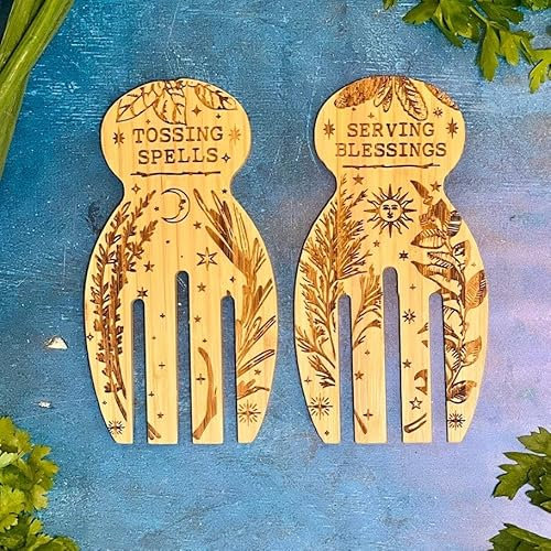 Engraved Bamboo Salad & Pasta Hands Spoon Set – 'Tossing Spells & Serving Blessings' Carved Designs – Kitchen Witch Halloween-Themed Cooking Utensils for Magical Meal Serving
