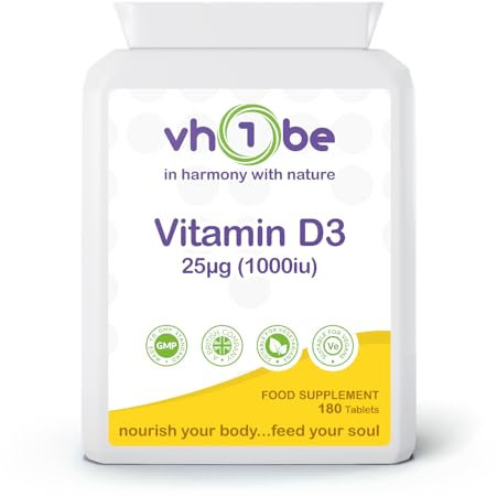 Vitamin D3 25µg (1000iu) Supplement – 180 Vegan Tablets | Supports Immune Health, Bone Strength & Mood | Vegan & Gluten-Free | UK Made by vh1be