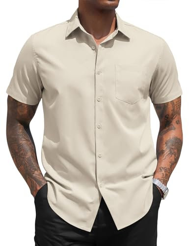 COOFANDY Men's Short Sleeve Shirts Summer Smart Casual Shirts Regular Fit Button Down Work Dress Shirt Plain Office Formal Shirt Iron Free Khaki XXL