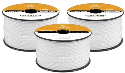 Abma Cord Polyesterseil 3mm x 100m Seil Geflochtene Schnur Reißfest für Outdoor, Boot, Festmacher, Zelt, Garten - Weiß