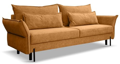 Kaiser Möbel - Sofa mit Schlaffunktion und Bettkasten, Schlafsofa mit Bettzeugbehälter, Bonellfeder, Relaxsofa, Klappsofa, Metallfüße, Bequemes Couch für Wohnzimmer und Jugendzimmer, VOLIO, Golden