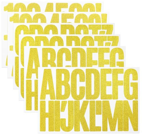 6 Sheets 3 Inch Large Glitter Gold Vinyl Letter Number Stickers, Self Adhesive Alphabet Symbol Sticker for Mailbox, Door, Scrapbook, House Number and Address
