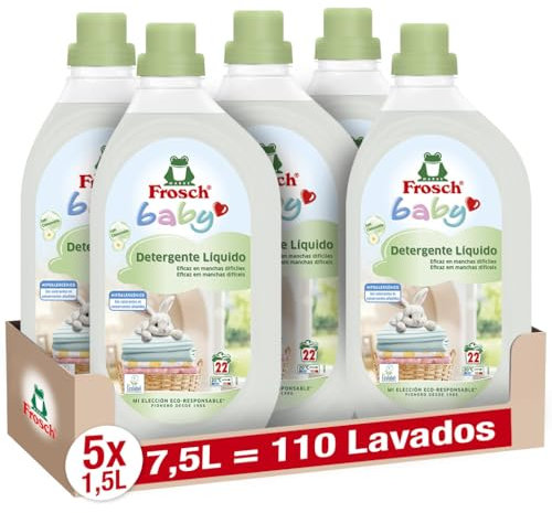 Frosch Baby - Detergente Líquido de Lavadora para Ropa de Bebé, Apto para Pieles Sensibles, Producto Ecológico y Hipoalergénico - Reduce el Riesgo de Irritación - Pack de 5 Unidades x 1.5 L