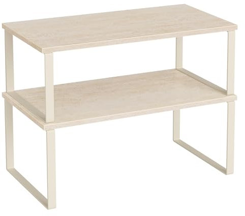 SONGMICS Gewürzregal, 2er Set Küchen-Organizer, Küchenregal, Schrank-Organizer Küche, erweiterbar, kleines Regal, stapelbar, Metall und Holzwerkstoff, travertinbeige-cremeweiß KCS025L01