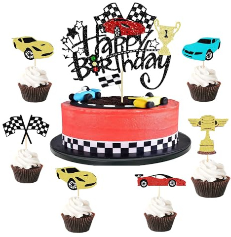 SANYUANHE Racing Kuchen Dekoration, 25 Pcs Kinder Geburtstag Rennen Motto Party, glänzender Junge Mädchen Motorrad Kuchen Dekoration, Auto Geburtstag Sport Thema Cupcake Topper