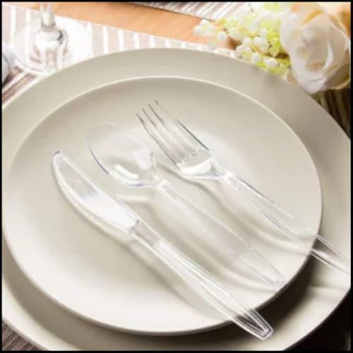 300-Piece Clear Plastic Cutlery Set Heavy-Duty Disposable Knives, Forks & Spoons Elegant & Recyclable Party Utensils Perfect for Catering, Weddings, BBQs & Everyday Dining