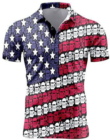 Mens 70s Golf Shirts for Men,Funny Golf Shirts for Men Short Sleeve,Mens 70s Shirt 70s Outfits for Men, Beer American Flag, XXL