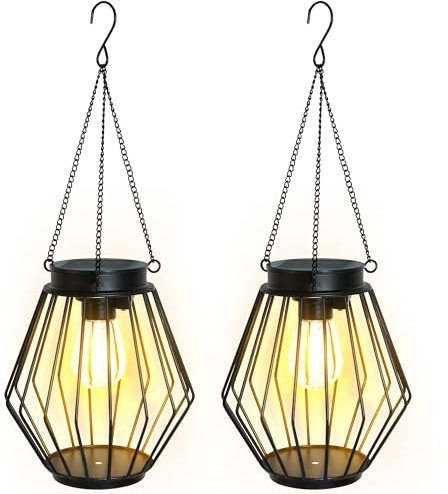 FREEPOWER 2er Solar Laternen für Draußen - Wasserdicht LED Gartenbeleuchtung Flackern Warmweißes Licht, Metall, Solarlampen Hängend & Stehend, Groß, Höhe 18cm