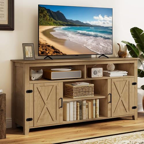 DWVO TV Stands for 65 Inch TV, Farmhouse Entertainment Center with Adjustable Shelf and Barn Door, Media Console Table TV Cabinet for Living Room, 59 Inches, Barnwood