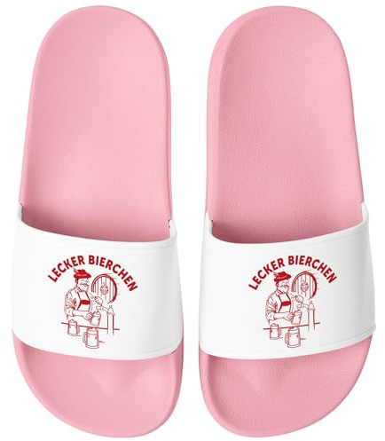 MoonWorks® Badeschlappen Lustig Spruch Lecker Bierchen Badelatschen Unisex Bedruckt Herren Damen Badeschuhe Männer Frauen Rosa-weiss 37