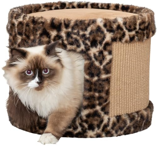 TRIXIE Kratzhöhle Leo, kuschelige Kratzhöhle mit gemütlichem Bett ø 38 × 30 cm, braun, Kratzbaum für Katzen, komfortabel & stabil - 48180