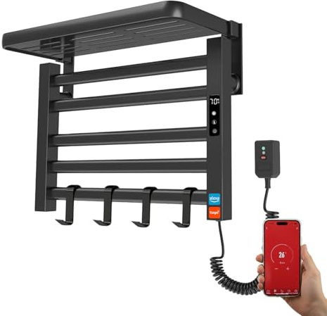 YOEVU | Toallero eléctrico | 100W, Compatible con Alexa | Estante Superior | Pantalla LCD táctil, Control WiFi, Montaje en Pared | Aleación de Aluminio, Negro
