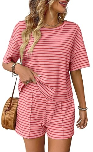 crazy bean Träningsoverallset för kvinnor, shorts och t-shirt, kortärmad, sommar, 2 delar, bermudashorts, sport, randig pyjamas