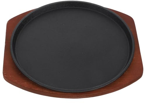 Hierro Fundido Sartén para Asar Redonda, Base de Madera | Plancha para Filetes, Doble Oreja, Buena Conductividad Térmica, Diseño Compacto para Almacenamiento