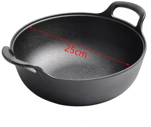 Gusseisen-Wok, 25 cm, Doppelgriff, flacher Boden, antihaftbeschichtet, Bratpfanne mit Holzdeckel für Induktions-, Gasherd, Heimkochen