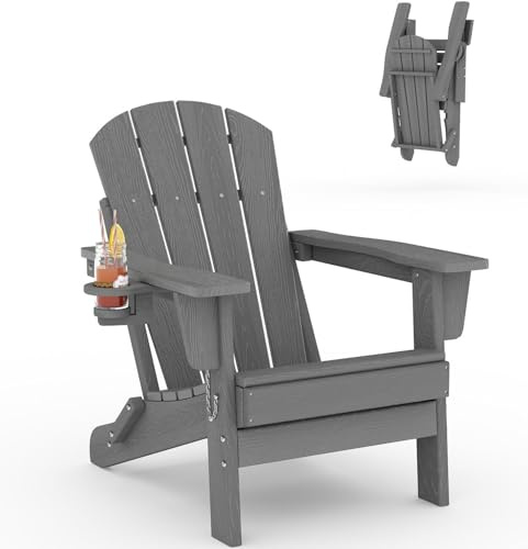 Garvee Chaise Adirondack pliante HDPE effet bois – Résistante aux intempéries – Porte-gobelet – Idéale jardin, terrasse, balcon, brasero, piscine – Gris embossé – Embossed wood grain - with cup holder