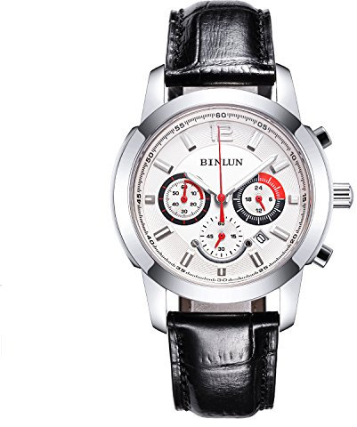 BINLUN Chronograph Watches for Men Outdoor Military Tactical Watch Waterproof with Date Stopwatch Quartz Movement Black Leather Strap Valentine