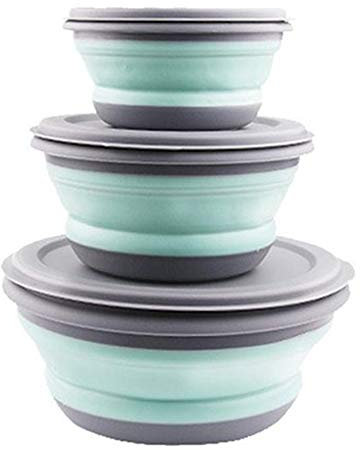 Gaoominy 3 Unids/Set Conjuntos de TazóN Lonchera Plegable de Silicona TazóN Plegable TazóN Plegable de Silicona PortáTil Ensaladera Plegable con Tapa Azul