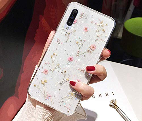 Herbests Kompatibel mit Samsung Galaxy A50 Hülle Getrocknete Blumen Glänzend Bling Glitzer Handyhülle Transparent Silikon Weich Ultra Dünn TPU Schutzhülle Crystal Case Stoßfest Tasche,Rosa