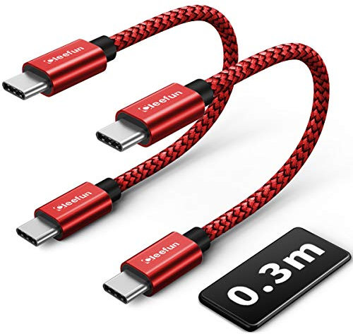 CLEEFUN Câble USB C vers USB C Court (0.3M 2 Pack), 60W Charge Rapide Power Delivery pour Samsung S20/S20+/S21/S21+/Ultra, A70 A71, Mac-Book Pro, i-Pad Pro 2020/2018, Switch