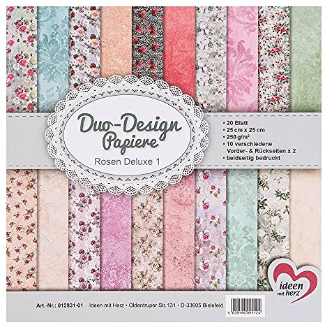Ideen mit Herz Duo-Design-Papiere | Block mit 20 Blatt Bastelpapier | 25 x 25 cm | 250g/m² | beidseitig bedruckt | Designpapier, Motivpapier | ideal für Scrapbooking, Basteln (Rosen Deluxe 01)