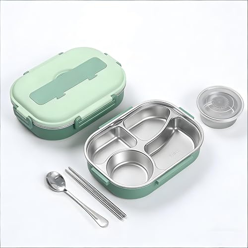 Niiyen Lunchbox-Behälter, Bento-Lunchbox, Edelstahl-Lunchbox Behälter mit Trennwand, isolierte Edelstahl-Geschirr-Set mit 4 Gittern für Lebensmittel für Erwachsene/Kinder (1500ml Grün)