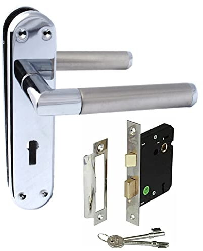 Haven Heritage ® Internal Mitred Lever Lock Door Handles in Satin Nickel & Chrome Dual Finish + Lock with Keys - Back Plate 179 x 40mm Sold in Pairs (1)