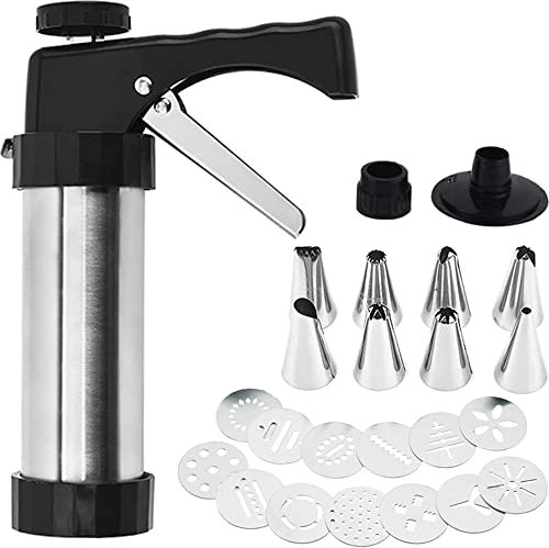 Bugucat Gebäckpresse, Edelstahl Plätzchenpresse Garnierspritze Gebäckspritze Kekshersteller Keksmaschine Kekspresse DIY Backzubehör Garnierspritze mit 13 Schablonen und 8 Tüllen für Kuchen Kekse