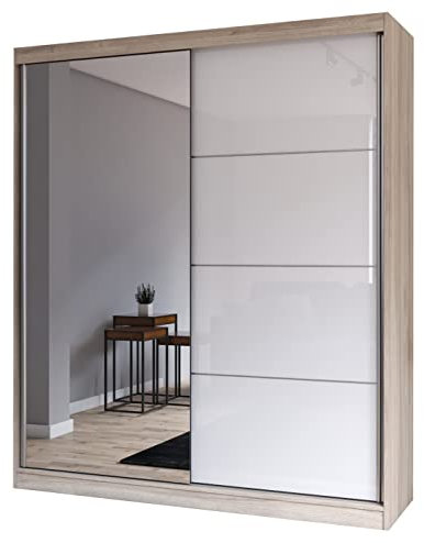 Fabryka Mebli Idźczak Kleiderschrank mit Spiegel, Schiebetüren - Schwebetürenschrank, Schlafzimmerschrank - ‎61 x 203 x 218 cm- Schrank für Schlafzimmer, Ankleidezimmer, Garderobe, Sonoma/Weiß