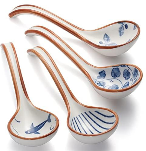 Lot de 4 cuillères à soupe asiatiques en céramique - Cuillères coréennes en porcelaine japonaise pour ramen, nouilles Pho Miso, Dumpling (Style 1)