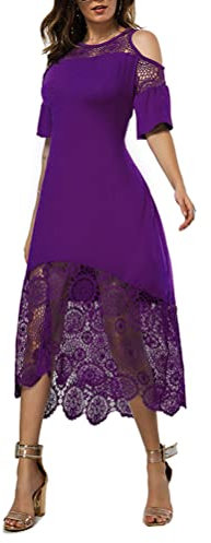 Minetom Donna Pizzo Vestito Lungo Elegante Pizzo Taglie Forti Vestiti da Cerimonia Cocktail Sera Fuori dalla Spalla Maxi Abito Casual Estivi Abiti A Viola XL