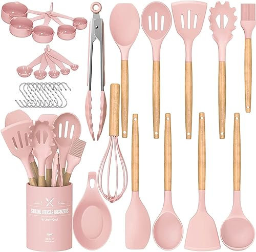 Umite Chef Küchenutensilien-Set, antihaftbeschichtet, Silikon, Küchenutensilien, Spachtel-Set mit Halter, Holzgriff, Silikon, 33-teilig, Pink