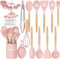 Umite Chef - Juego de 33 utensilios de cocina de silicona antiadherente con soporte, mango de madera, color rosa