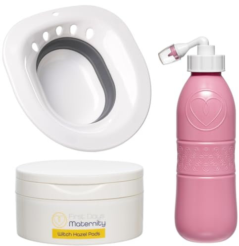First Days Maternity - Haemorrhoid Care Kit - Foldable Sitz Bath, Large Capacity Peri Bottle & Witch Hazel Pads for Soothing, Cleansing and Caring for Haemorrhoids/Piles (Pink Peri Bottle)