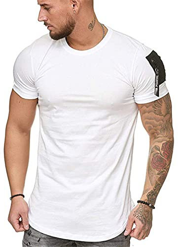 T-Shirt Herren Rundhals Taschen Spleißen Design Casual T-Shirt Herren Slim Fit Kurzarm Sommer Basic T-Shirt Herren Outdoor Jogging All-Match Sportshirt Herren A-White L