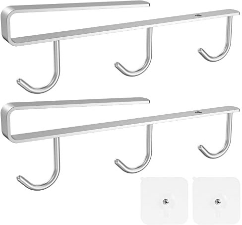 2PCS Mug Holder Under Shelf with 3 Hooks Under-Cabinet Hanger Rack Stainless Steel Cupboard Shelf Organiser Multi-Function Coffee Mug Organizer Tea Cup Display Hooks for Kitchen(Silver)