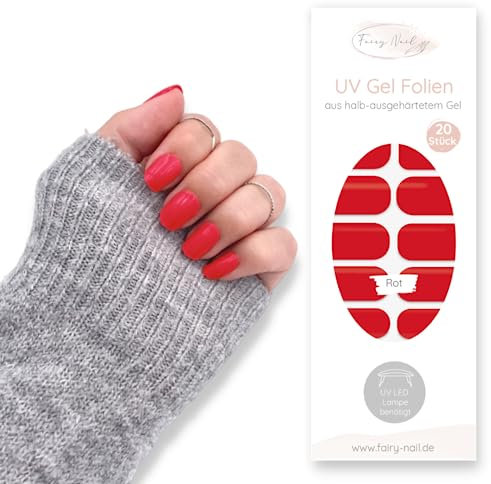 Fairy Nail UV Nagelfolien selbstklebende Gelfolien halb ausgehärtet 20 Stück Nailwraps Nagellackstreifen zum aufkleben (Rot)