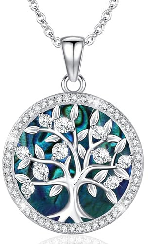 Friggem Collar Árbol de la Vida, Collar concha de abulón Árbol Genealógico Plata de Ley 925 y Collar Colgante Mujer, Joyería Amuleto Regalos para Mujer,mamás y niñas