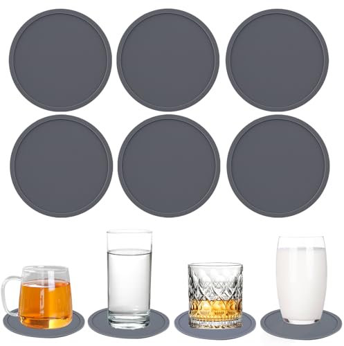 Silicone Coasters for Drinks, 6PCS 10cm Grey Round Coasters Drink Coasters for Home/Office/Bar Beer Bottle Wine Glass Coffee Tea Mugs Coasters Non Slip Rubber Pads Mats for Cup